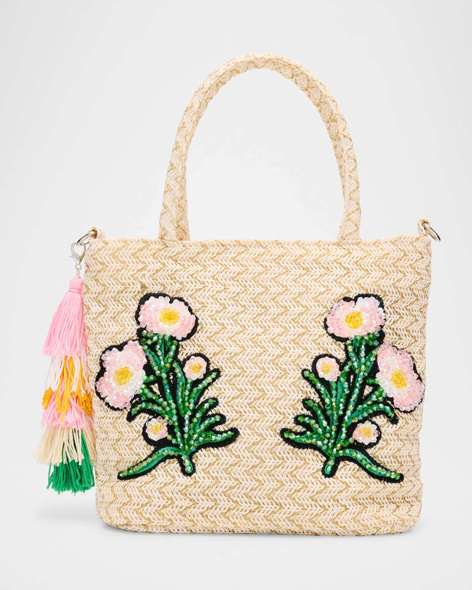 Kid's Floral Embroidered Raffia Tote Bag with Tassel